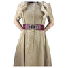 A beige vintage leather dress with a dark purple belt and brass buckle.