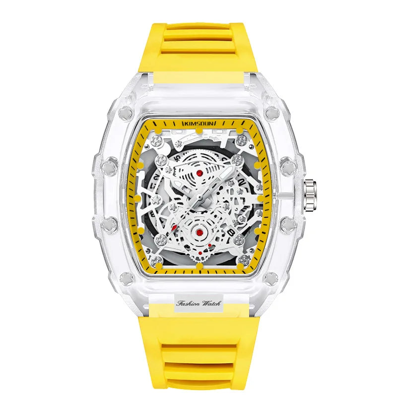 A yellow and clear quartz watch with a luminescent calendar face and a textured strap.