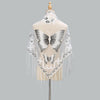 A sheer white lace scarf or shawl featuring printed butterfly motifs displayed on a mannequin.
