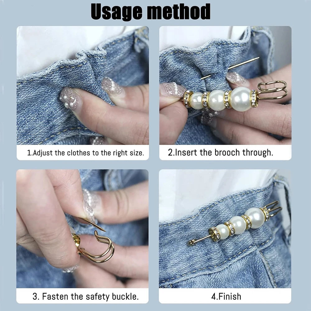 Instrucciones para ajustar la ropa, insertar un broche y abrochar la hebilla de seguridad, y terminar con una elegante perla.
