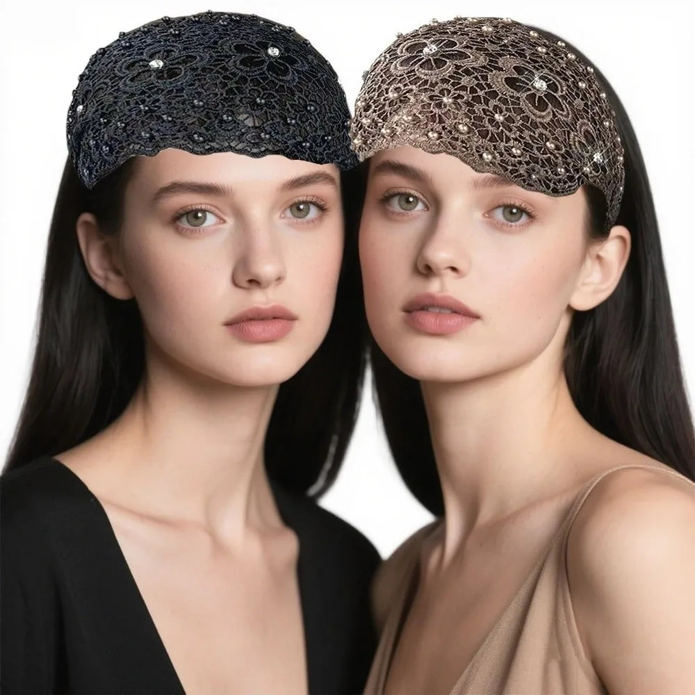 Two models wearing intricate crystal pearl floral beaded headbands