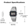 A silver Casio digital wristwatch with a metal bracelet and alarm function shown from the front.