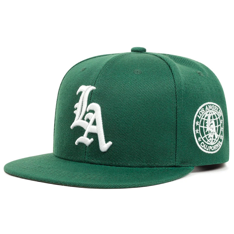 Dark green embroidered cotton flat edge baseball cap featuring a white LA logo and an American flag design.