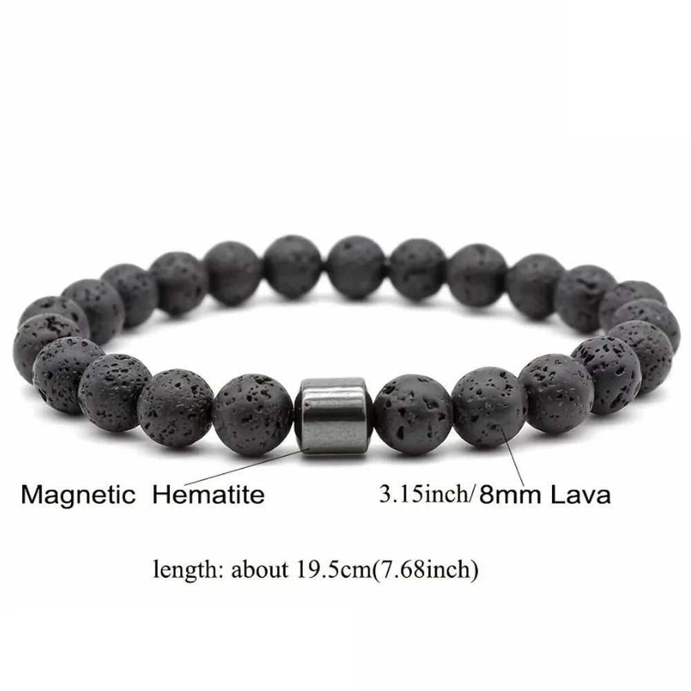A bracelet made of Magnetic Hematite and 8mm Lava stones, measuring about 19.5cm long.