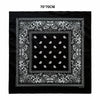 Black fabric with an ornate white paisley border and pattern on a square piece of cloth