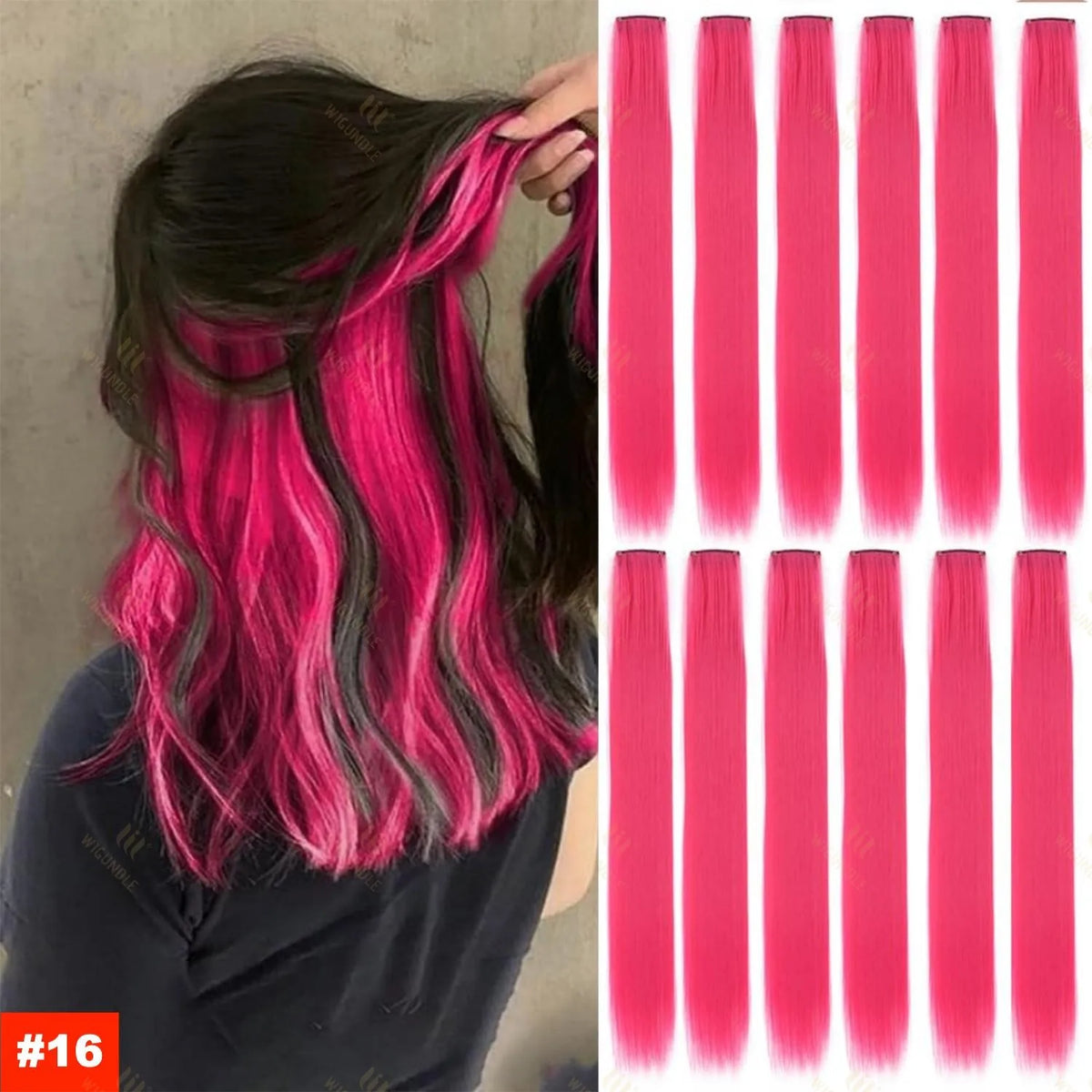 A woman shows off long, vibrant pink and black hair extensions in various straight styles.