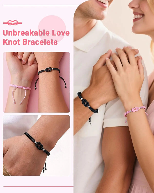 Close-up of hands wearing pinky promise love knot bracelets for couples on wrists.