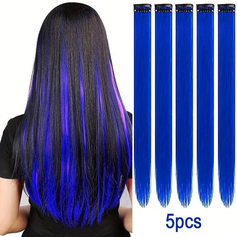 Un set de cinco extensiones de cabello liso azules de 20 pulgadas mostradas verticalmente.