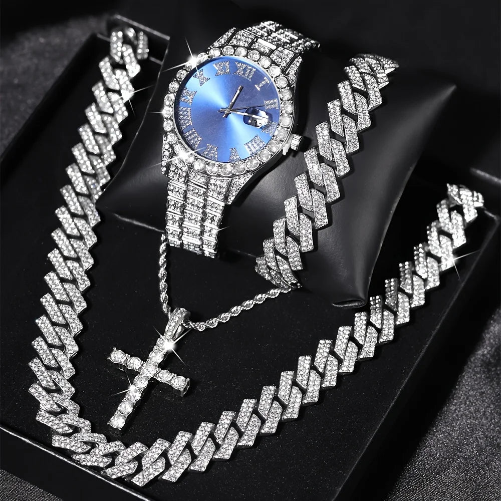 A set featuring a diamond-encrusted wristwatch and a thick silver chain necklace on a black background.