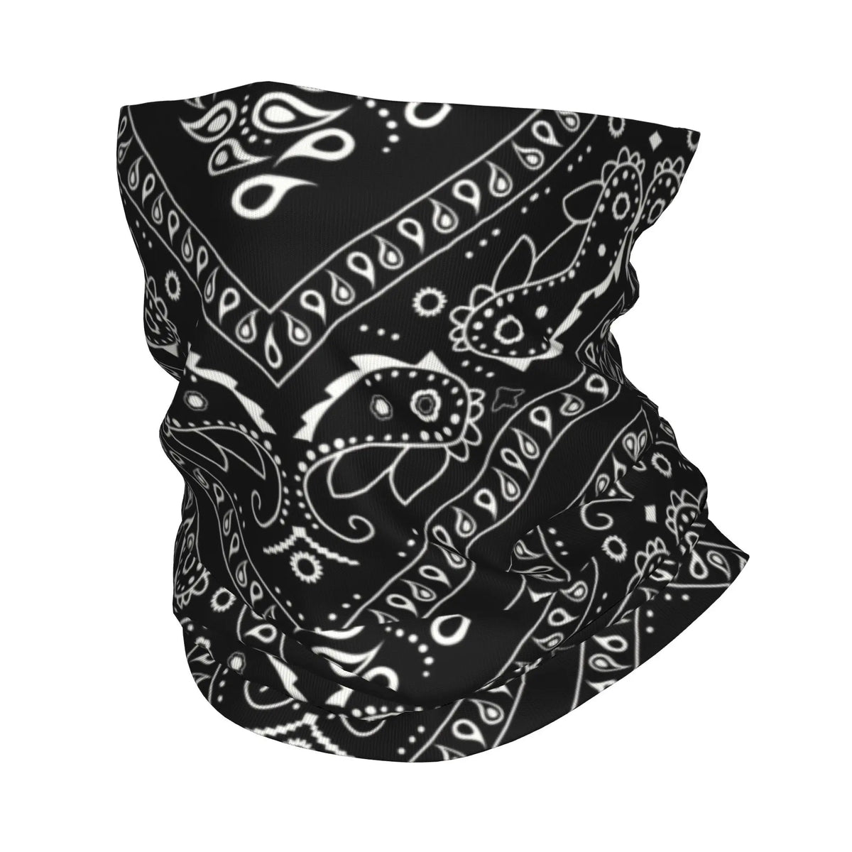 Bandana cuello gaiter estilo chicano paisley negro con intrincados patrones blancos