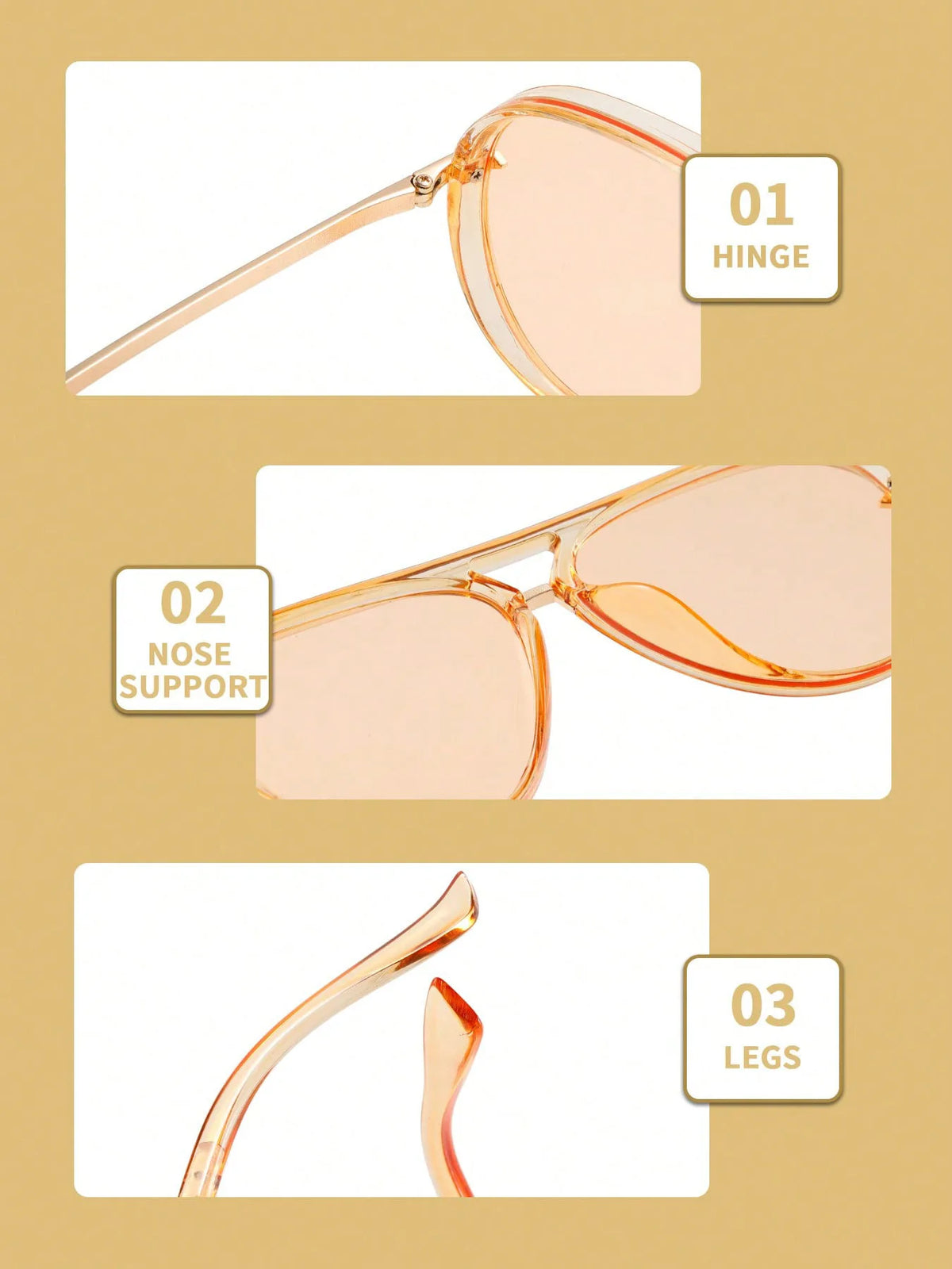 Gros plans de lunettes de pilot vintage en métal, montrant la charnière, le support du nez et les branches.
