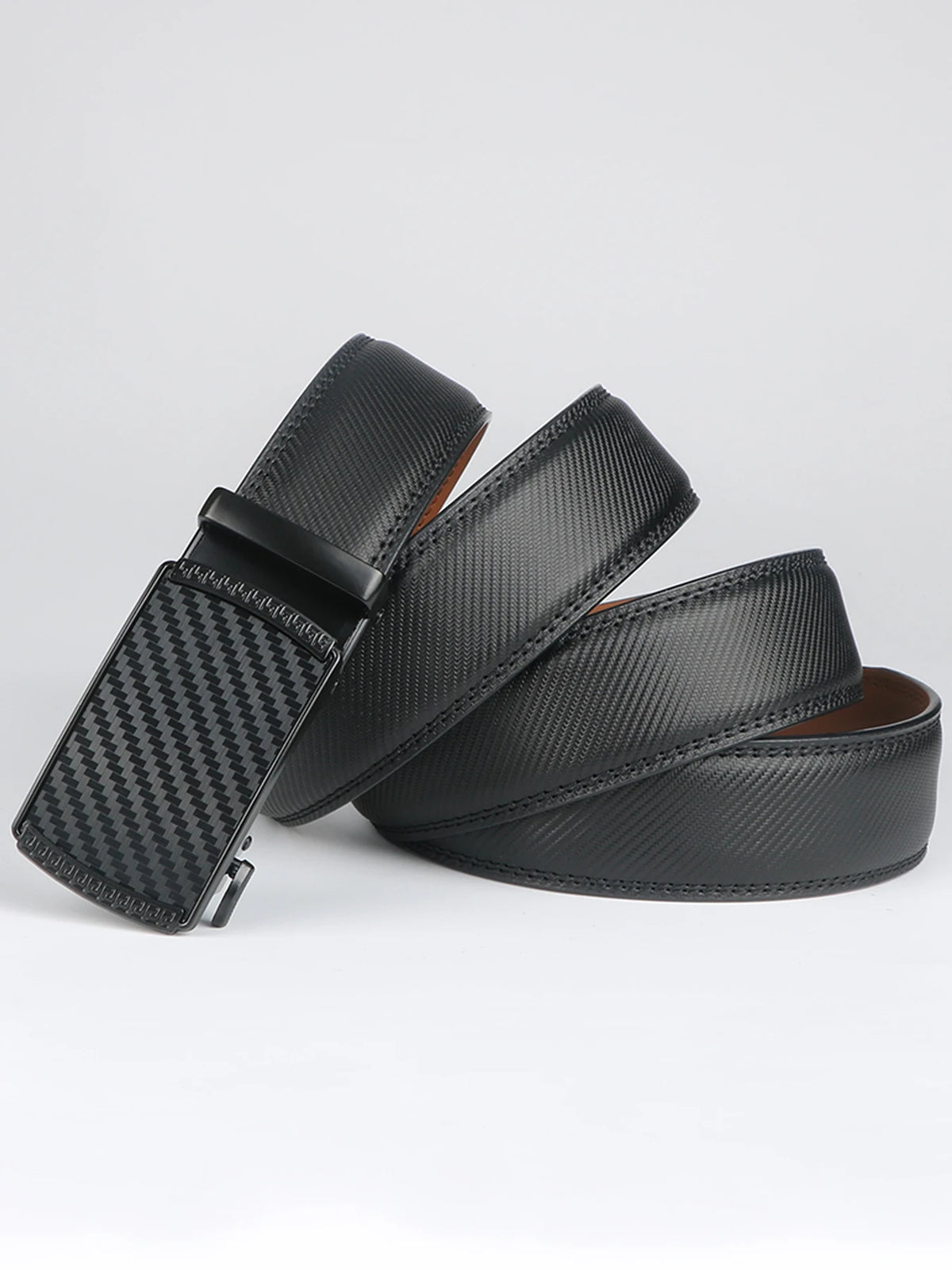 Black men's genuine leather ratchet dress belt shown from above