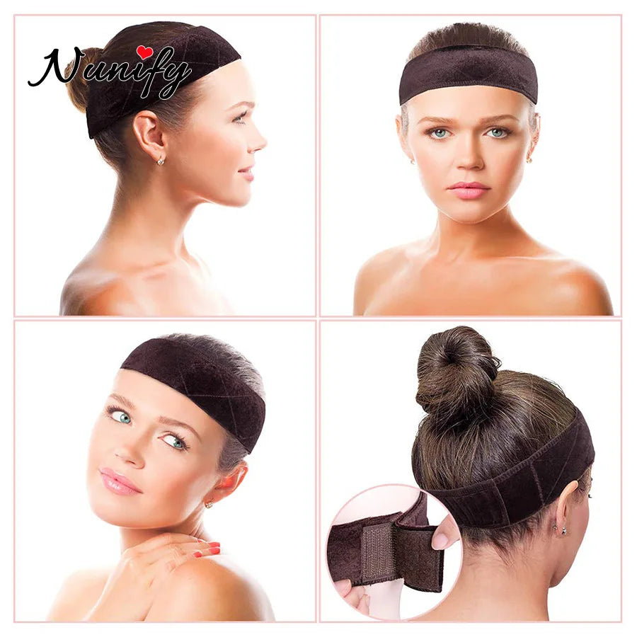 Nahaufnahme eines schwarzen Samt-Perücken-Grip-Haarschlauchs auf dem Kopf und Haar eines Models.