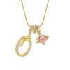 Gold letter pendant necklace featuring a large oval charm and a smaller pink gemstone charm
