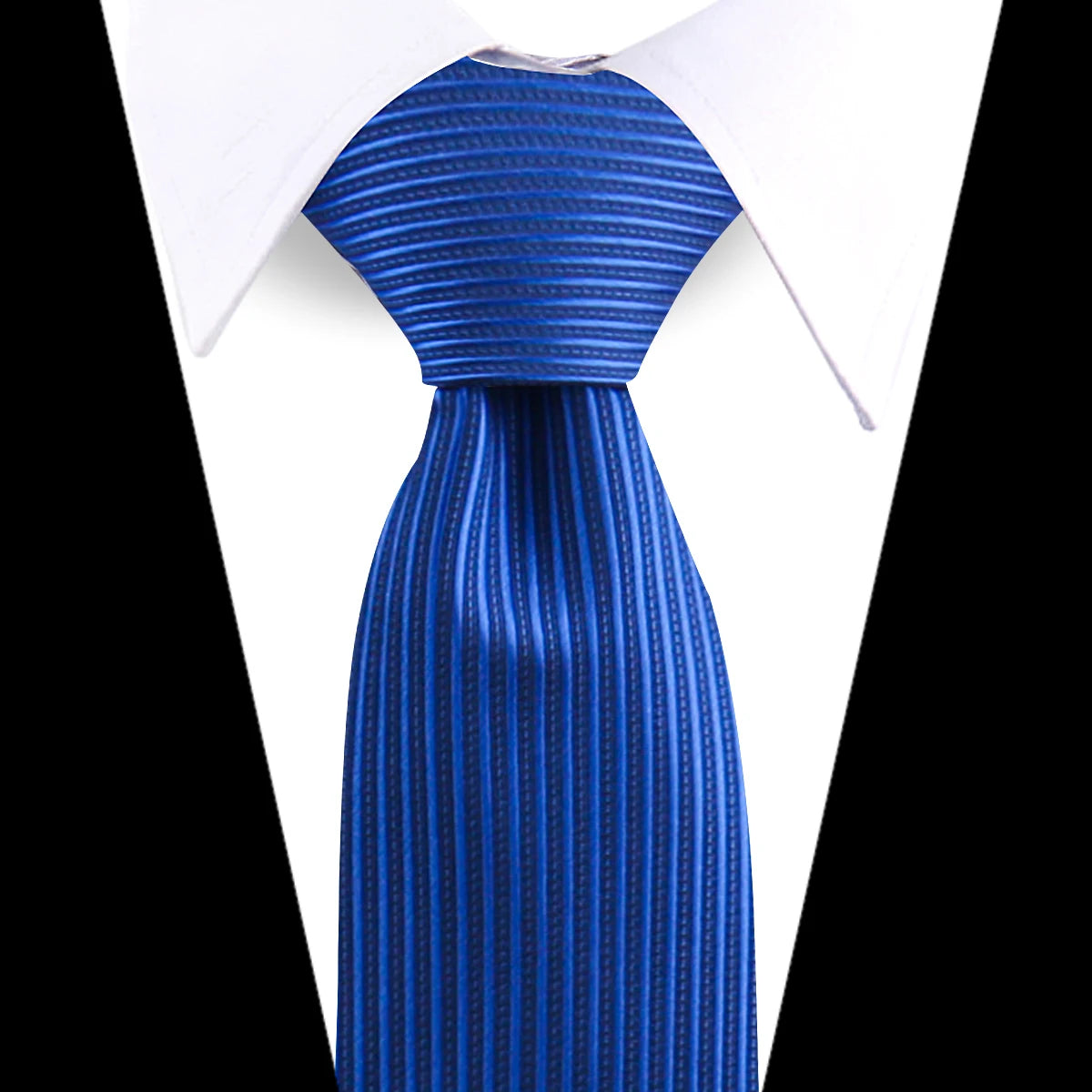A close-up of an elegant blue silk necktie with a fine diagonal stripe pattern against a white shirt collar.