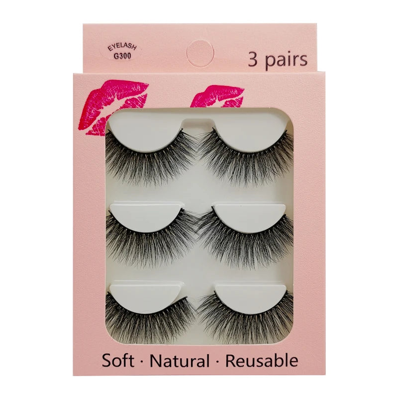 A box of 3 pairs of soft natural reusable mink strip eyelashes for eyes.