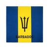 Vertikales Flaggen-Design mit blau-gelben Streifen, einem schwarzen Dreizack und dem Wort BARBADOS.