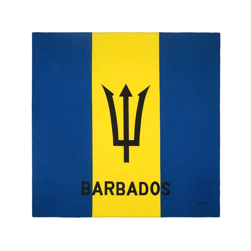Vertikales Flaggen-Design mit blau-gelben Streifen, einem schwarzen Dreizack und dem Wort BARBADOS.
