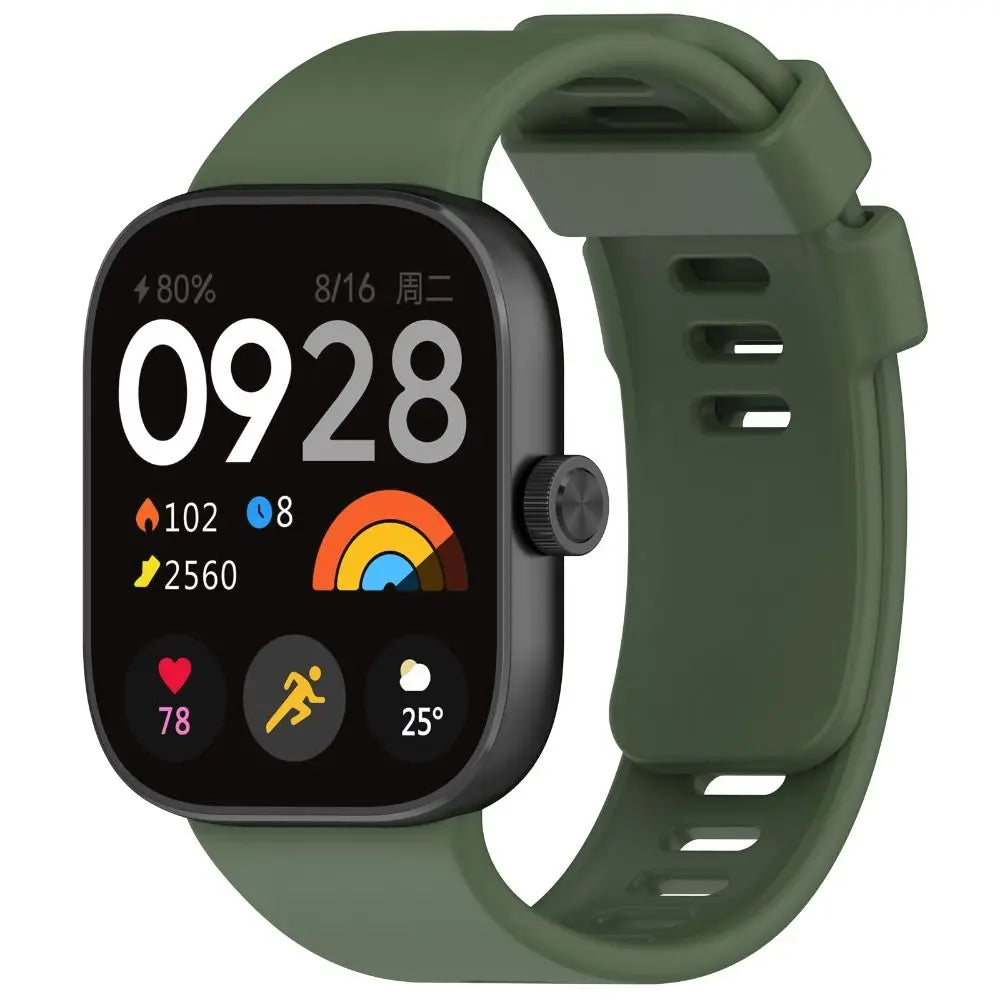 A dark green silicone watch strap with a digital display showing 09:28 and various health metrics.
