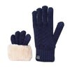 Une paire de gants de ski en tricot bleu marine avec une doublure en polaire beige clair.