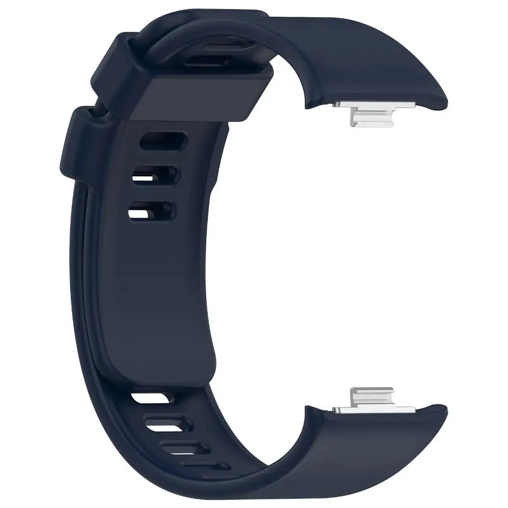 A dark blue replacement silicone watch strap for a smartwatch, shown from the side.