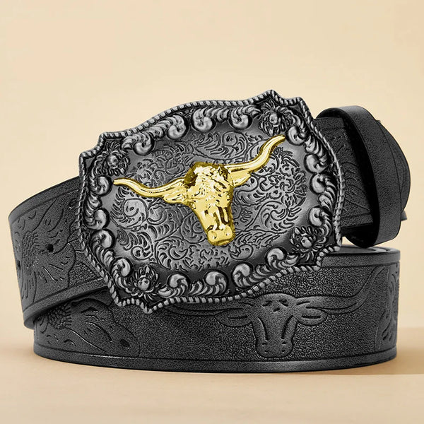 A black PU leather belt featuring a gold-colored embossed bull buckle with intricate scrollwork.