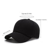 Black unisex cotton curved visor hat shown from the side with measurements for cap size and depth