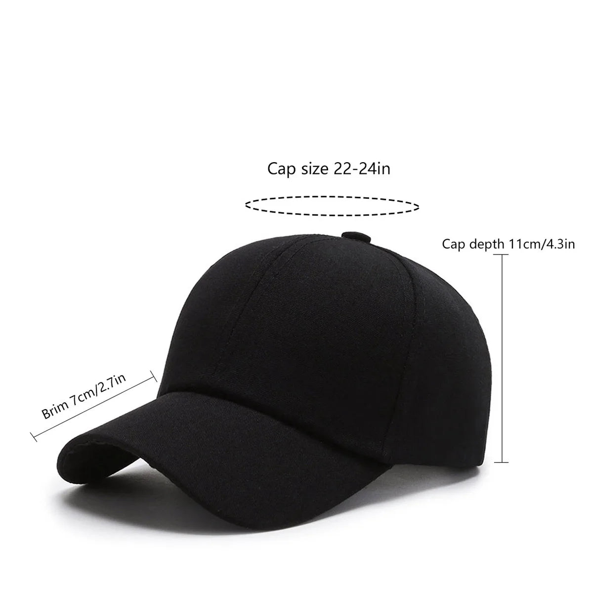 Black unisex cotton curved visor hat shown from the side with measurements for cap size and depth