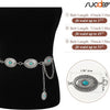 Ceinture à chaîne en métal argenté avec pendentif turquoise sur une forme noire.