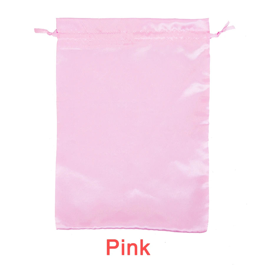 Pink satin wig storage bag with a drawstring closure