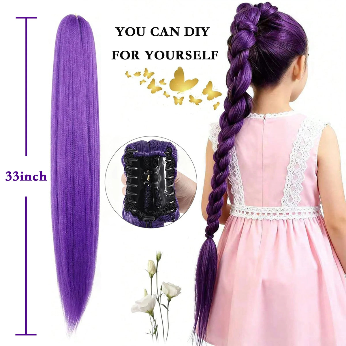 A long purple hair extension is shown next to a girl wearing a pink dress with a purple braided hairstyle.