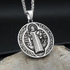 A silver pendant necklace featuring a detailed design of Saint Benedict and an exorcism theme.