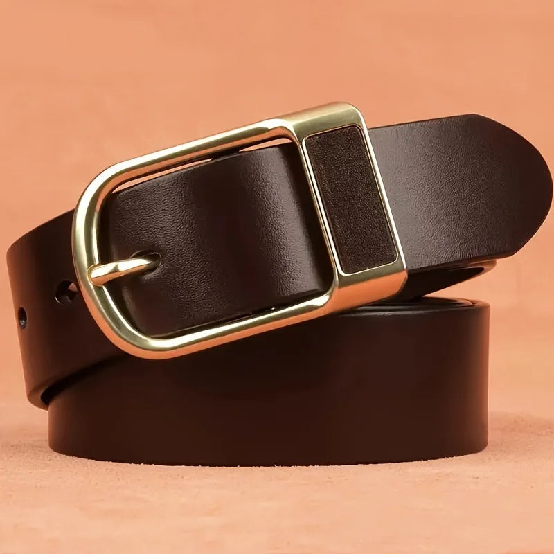 A brown men's coboy style PU leather belt with a brass buckle shown on a light background.