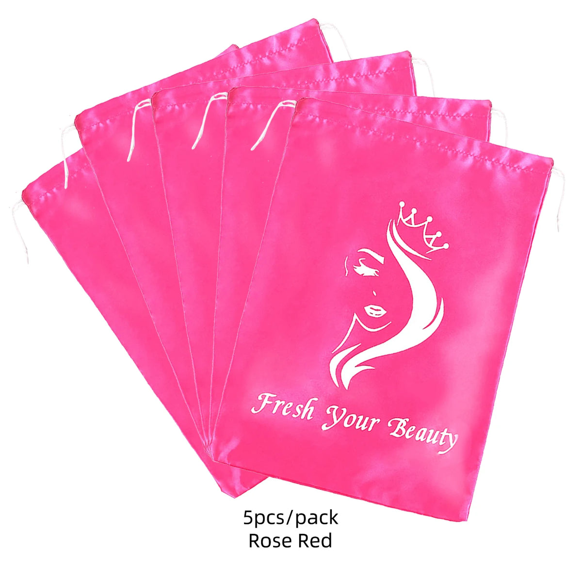 Five rose red satin drawstring bags for storing wig and hair extensions