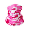 A pink and white camouflage patterned sun protection head scarf.