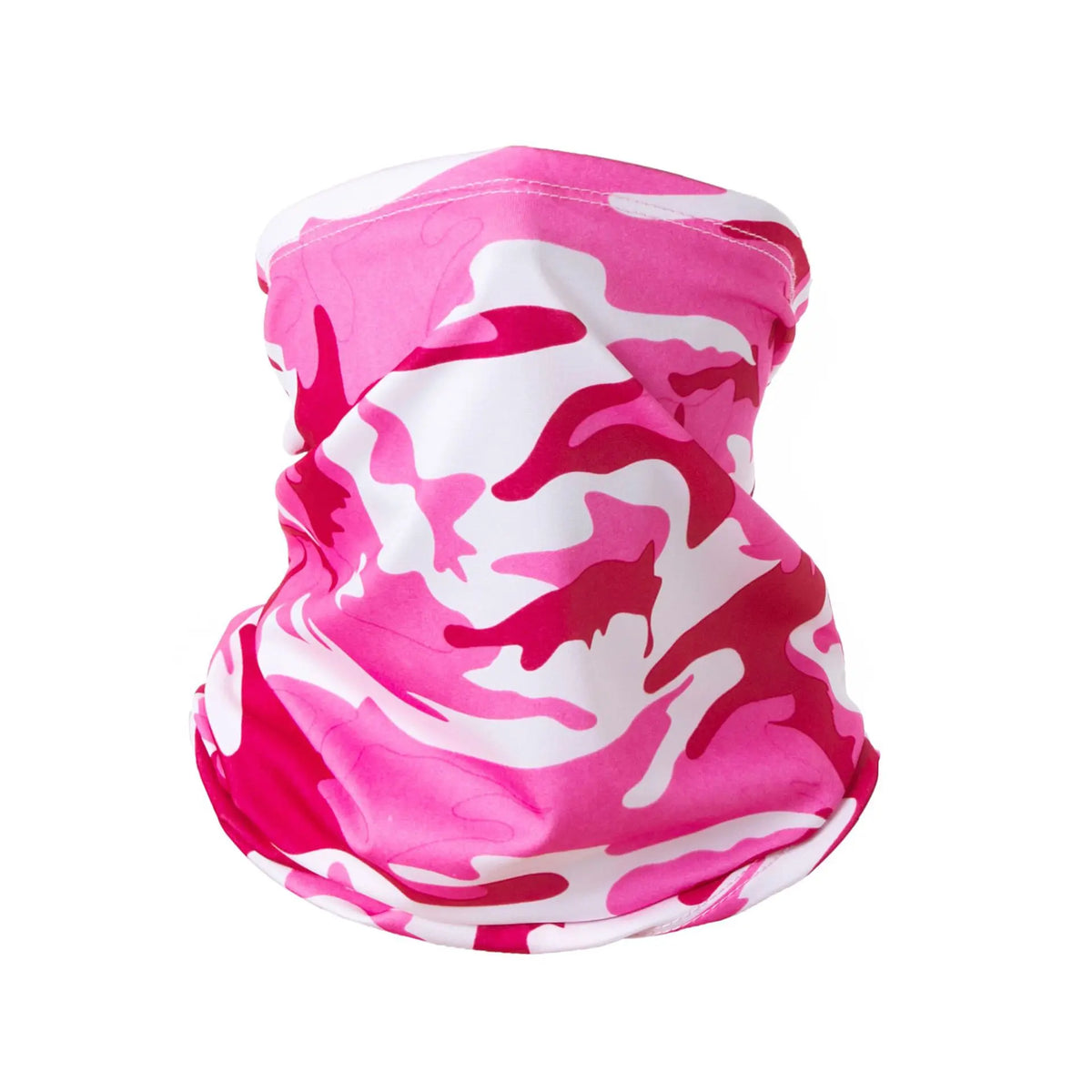 A pink and white camouflage patterned sun protection head scarf.