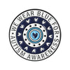 Blue enamel lapel pin for autism awareness featuring the text We Wear Blue for Autism Awareness