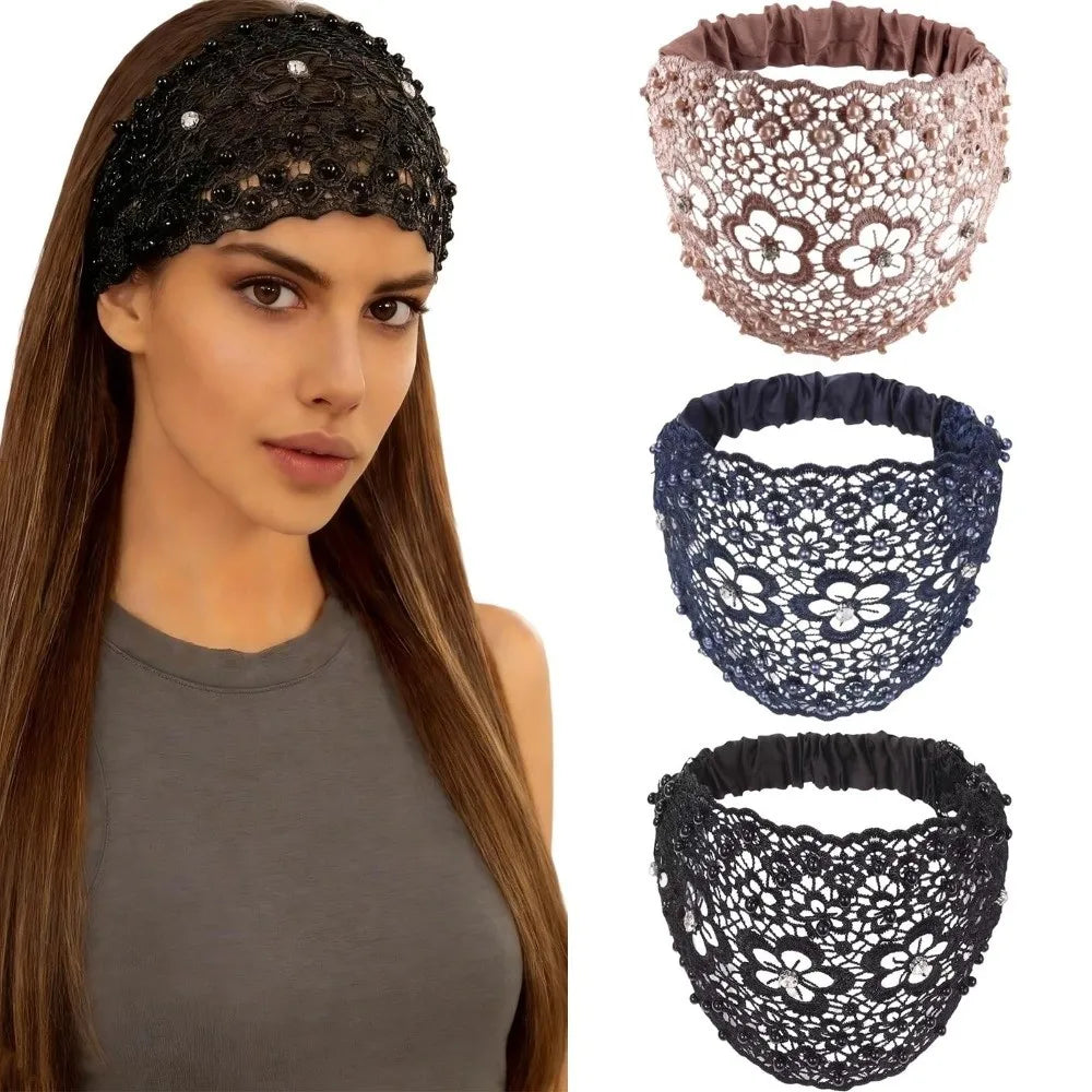 A model displays a crystal pearl floral beaded headband alongside three variations of the headpiece.