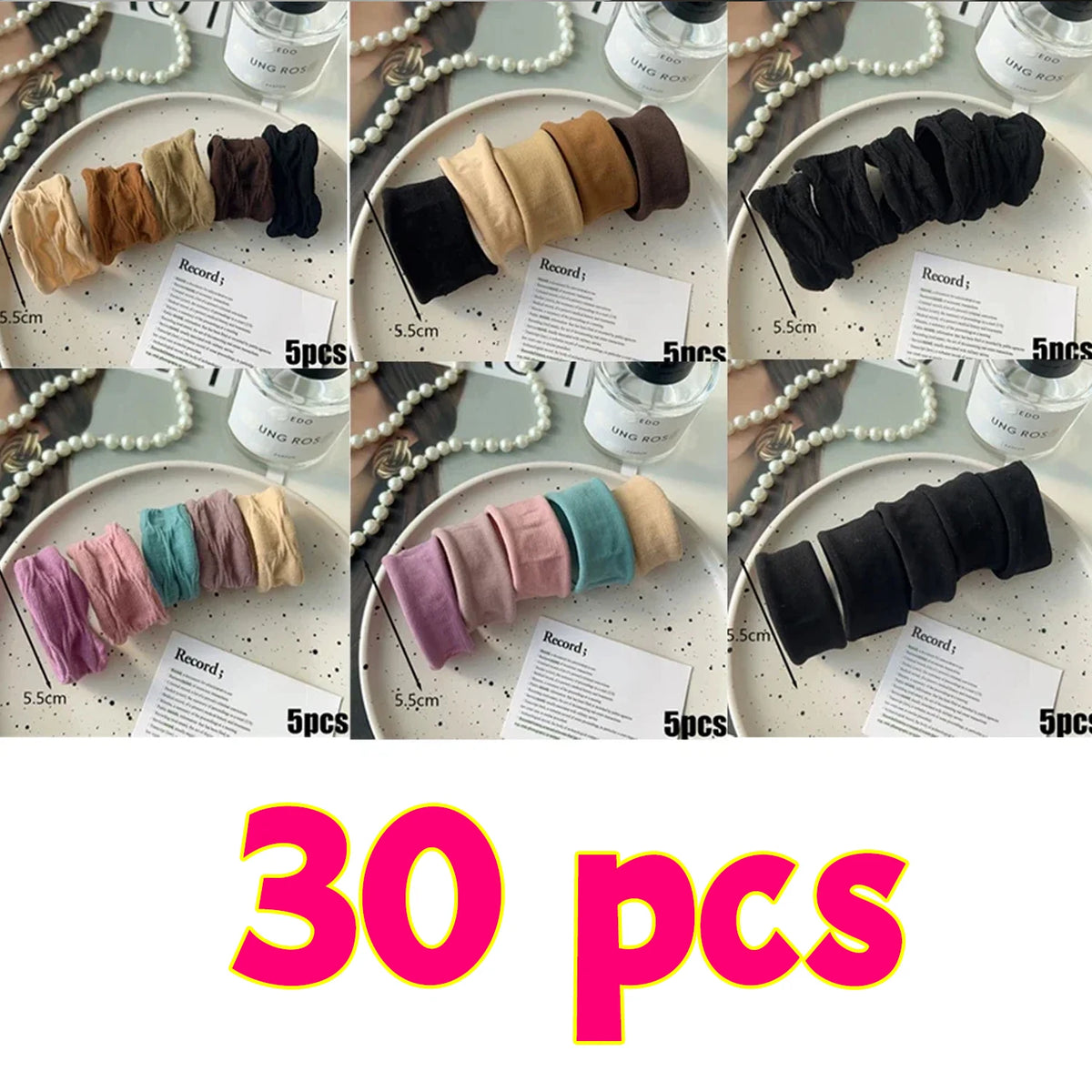 A collection of black and tan elastic hair bands for ponytails shown in various colors and sizes.