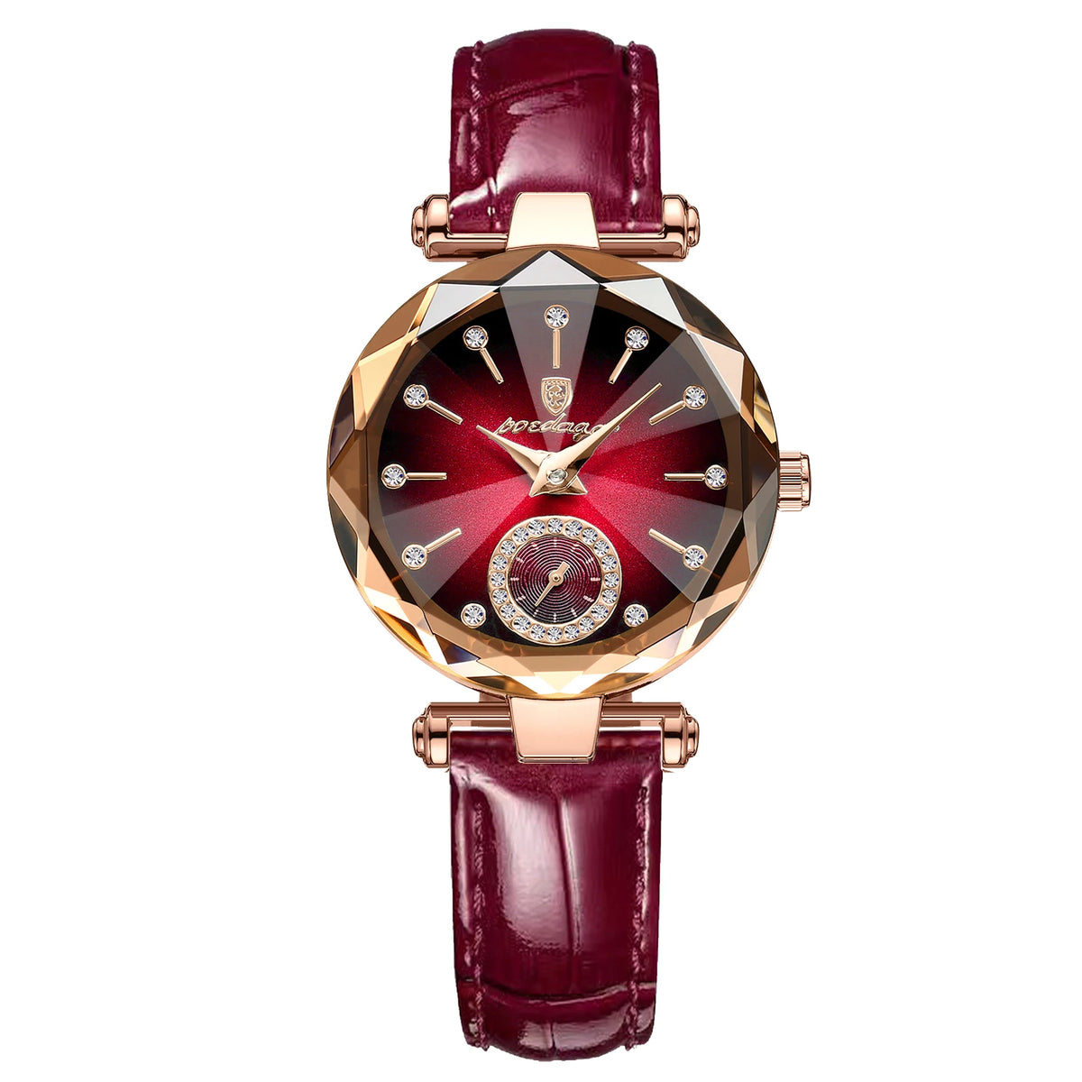 A close-up of an elegant ladies wristwatch with a deep red leather strap and gold accents.