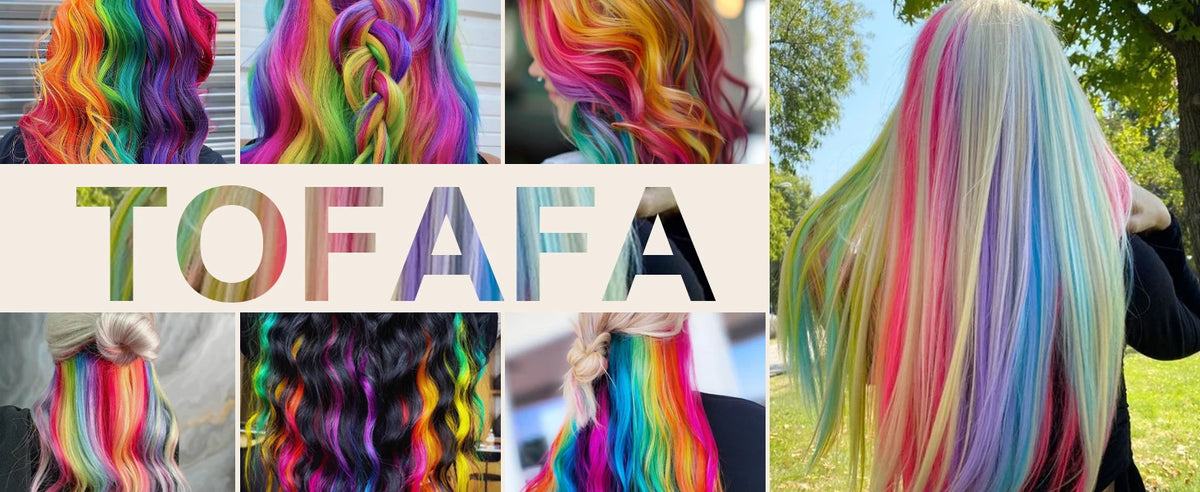 Collage d'extensions de cheveux synthétiques colorées, stylées en différentes tresses et ondulations fluides.