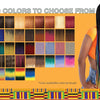 A model displays various colors of pre-stretched Kanekalon braiding hair extensions arranged in a grid.