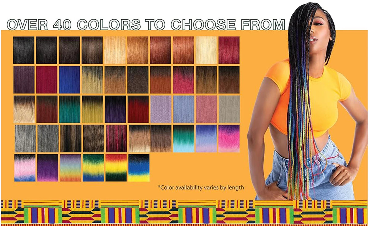 A model displays various colors of pre-stretched Kanekalon braiding hair extensions arranged in a grid.