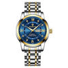 Reloj de lujo para hombre de cuarzo plateado y dorado con esfera azul y números romanos