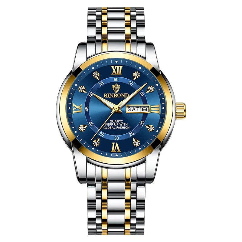 A silver and gold luxury quartz men's watch with a blue dial and Roman numerals on the face