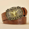 A vintage western PU leather belt with a detailed embossed bull buckle and brown leather strap.