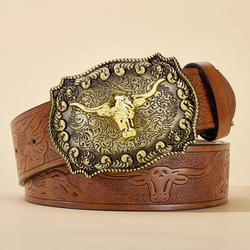 A vintage western PU leather belt with a detailed embossed bull buckle and brown leather strap.