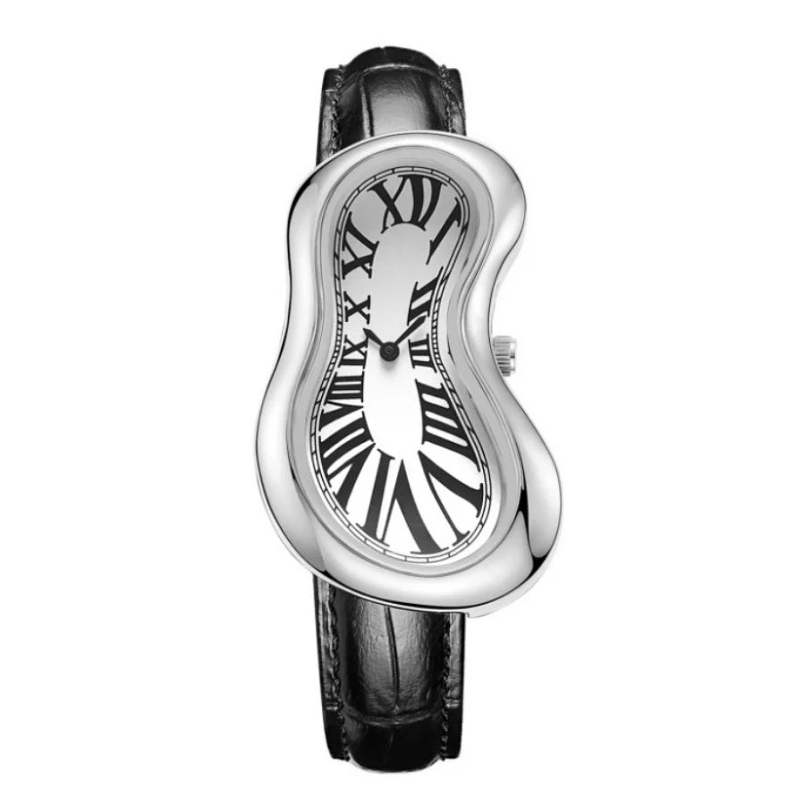 A vintage irregular quartz watch with a silver-toned case and black leather strap.