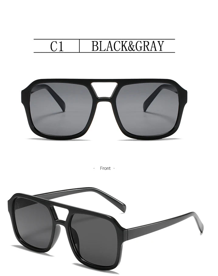 Schwarze und graue Vintage-Pilot-Sonnenbrille, frontal und seitlich dargestellt.