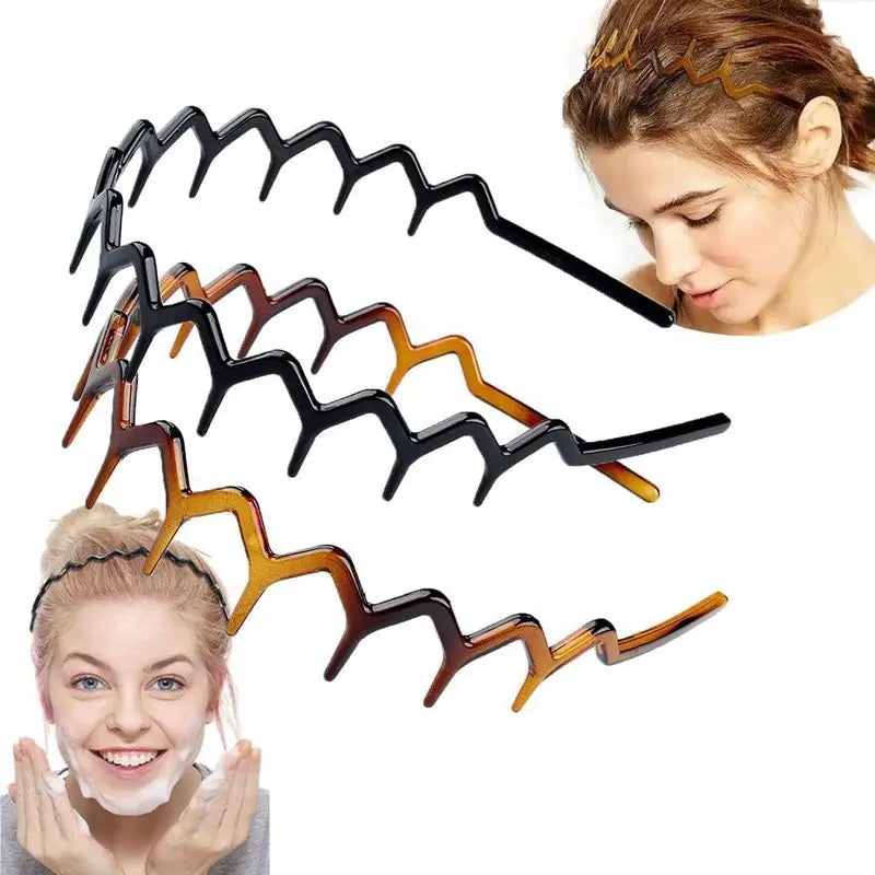 A set of black and brown anti-slip toothed hair accessories shown in various angles.